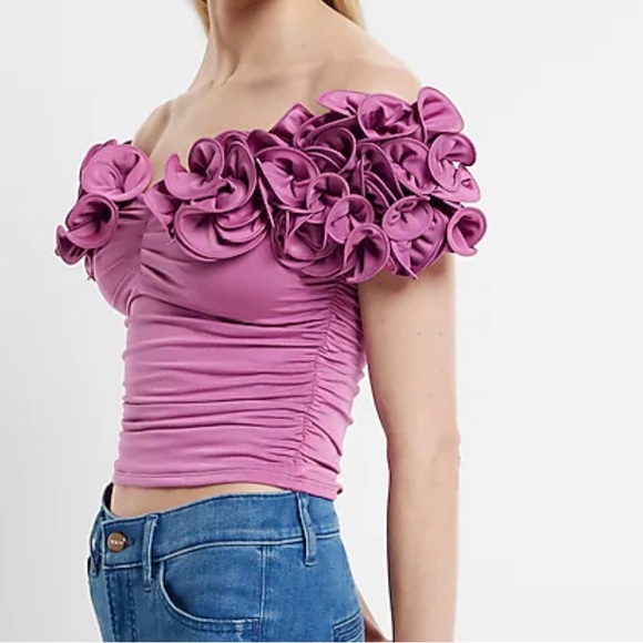 EXPRESS Body Contour Compression Off Shoulder Rosette Top - Picture 2 of 11